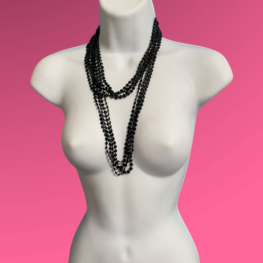 Vintage Multistrand Long Acrylic Necklace Black Beads Grannycore